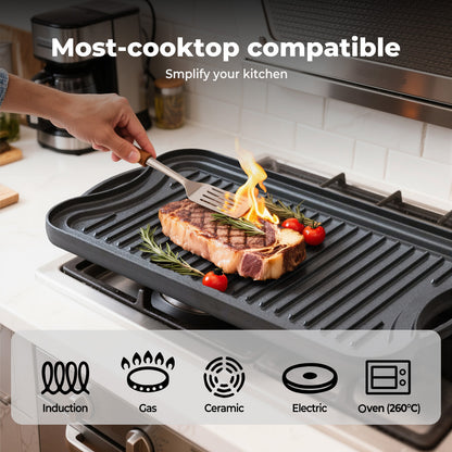 Toque Reversible Cast Iron Griddle Plate Non-Stick Grill Skillet Kitchen 50.5cm