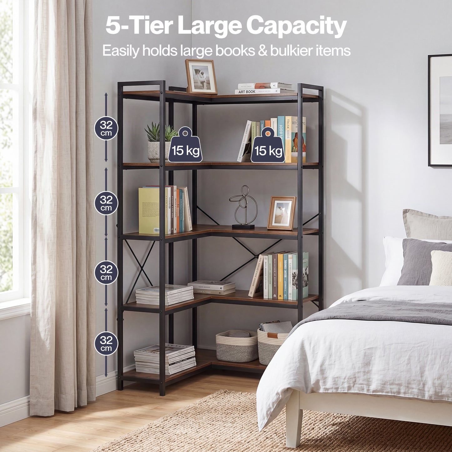 Levede Corner Bookcase 5-Tier L-Shaped Bookshelf Space-Saving Spice Walnut Black Metal