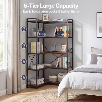 Levede Corner Bookcase 5-Tier L-Shaped Bookshelf Space-Saving Spice Walnut Black Metal