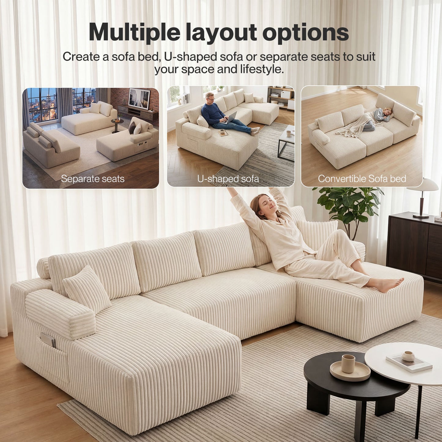 Levede Modular Sectional Sofa 4 Seater Convertible Bed Corduroy Boneless Couches