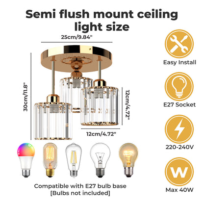 Emitto Crystal Ceiling Light 3 Light E27 Chandelier Semi Flush Mount Lamp Gold
