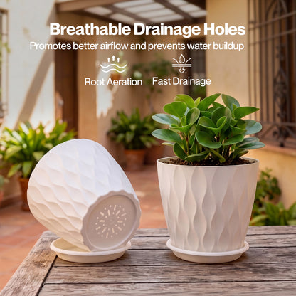 TOQUE Plant Pots 5Pc 8 Inch Plant Pots Indoor Drainage PP Plastic White