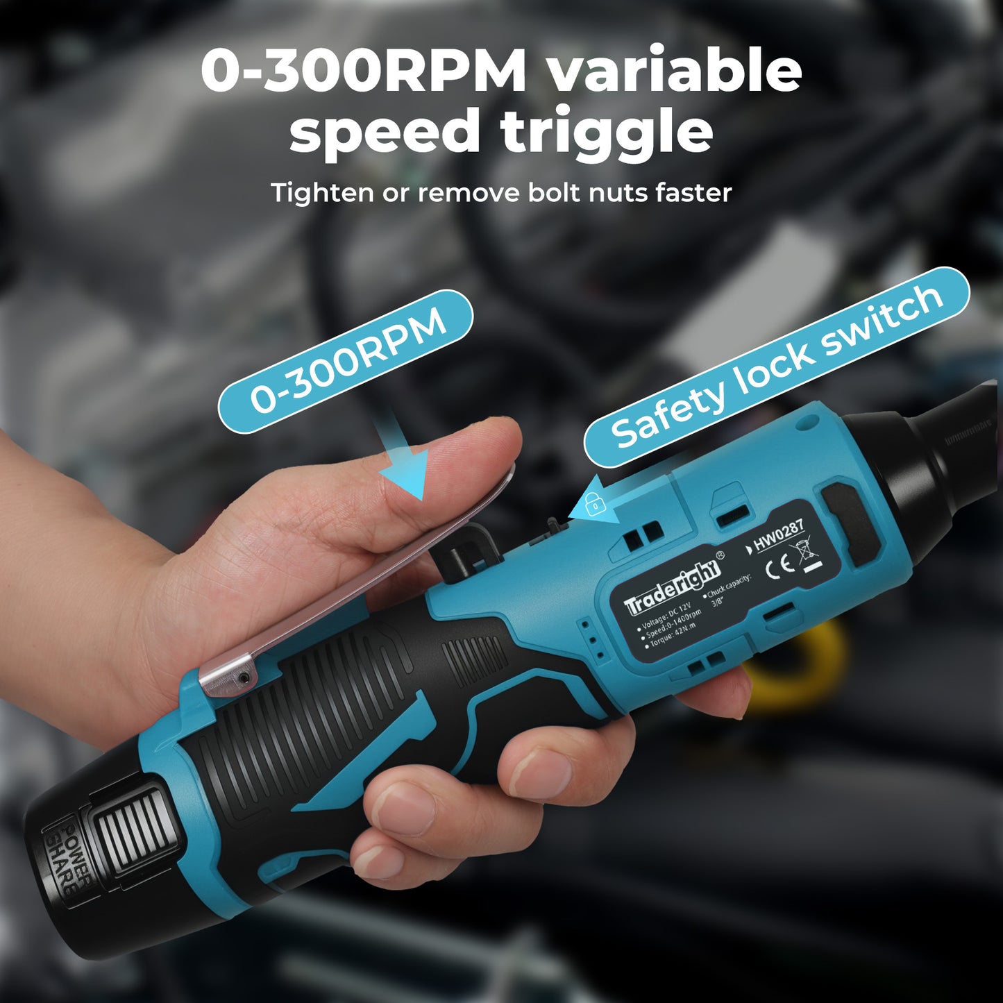 Traderight Electric Cordless Right Ratchet 3/8" 90 Angle Wrench Power 2 Battery