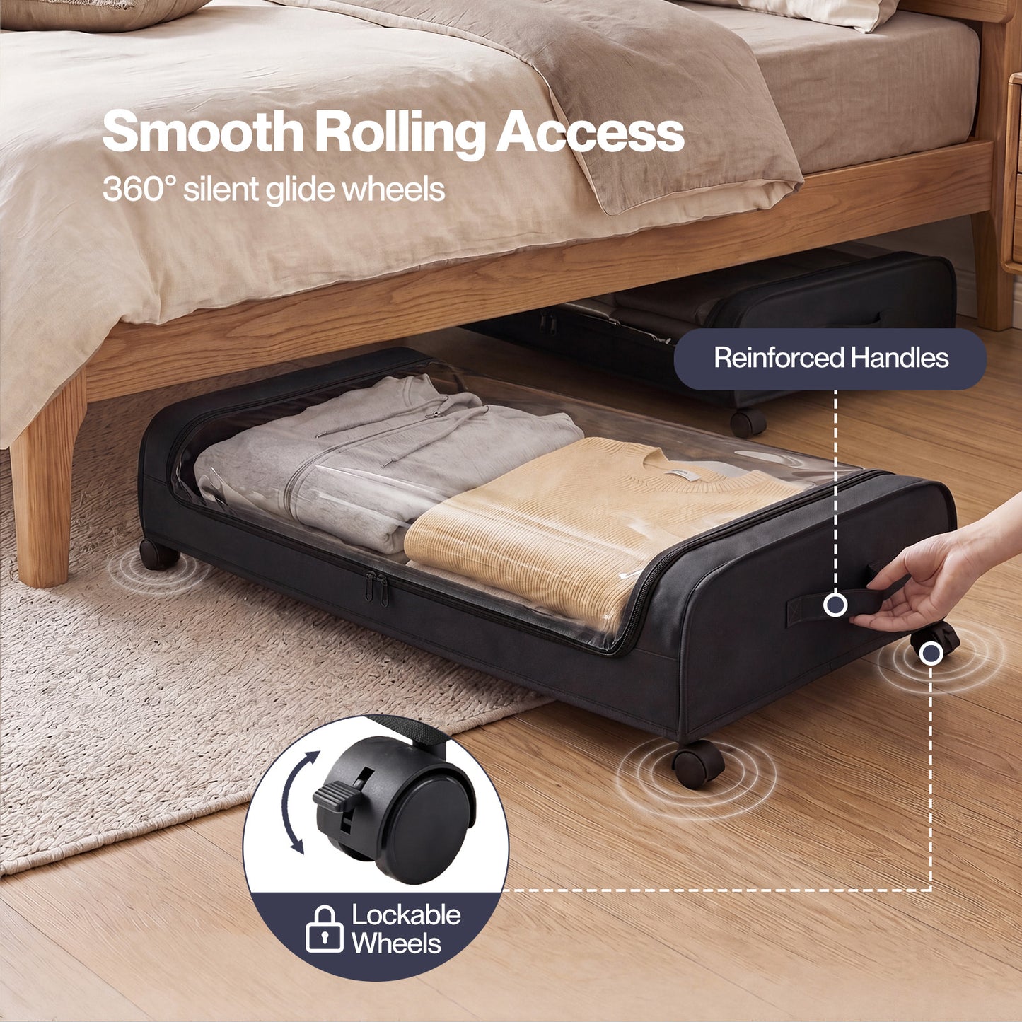 Levede Under Bed Storage Boxes with Lids  46L x2  Rolling  Black  Oxford