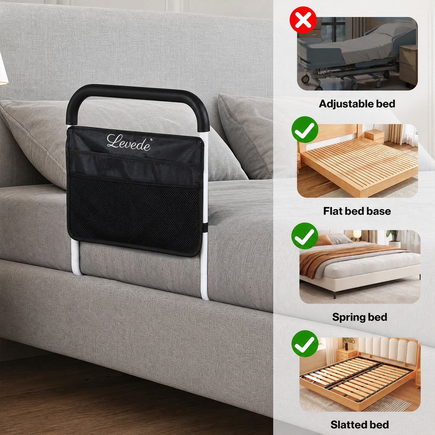 Levede Bed Rails Adjustable Heights Storage Pocket Assist Support Side Railings