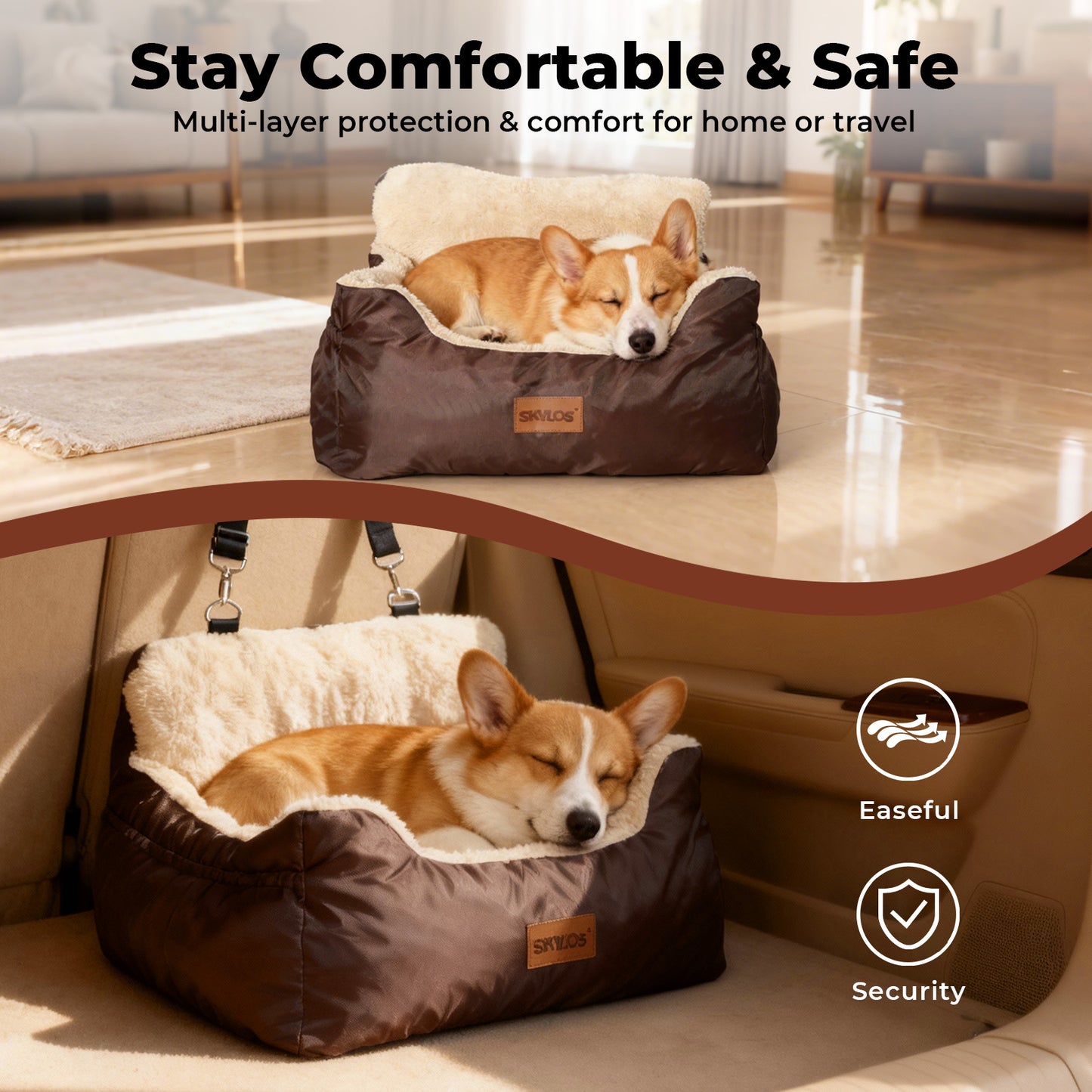 Skylos Dog Car Seat for Small Dogs & Cats Cosy Pet Travel Bed with Safety Leash