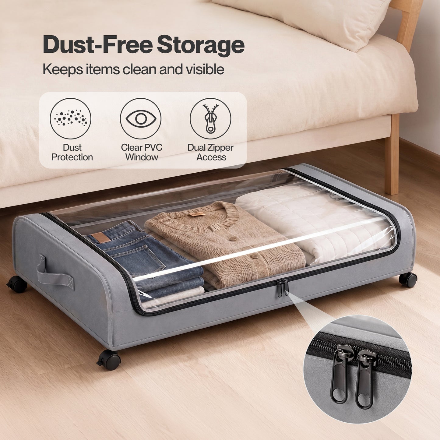 Levede Under Bed Storage Boxes with Lids  46L x2  Rolling  Grey  Oxford