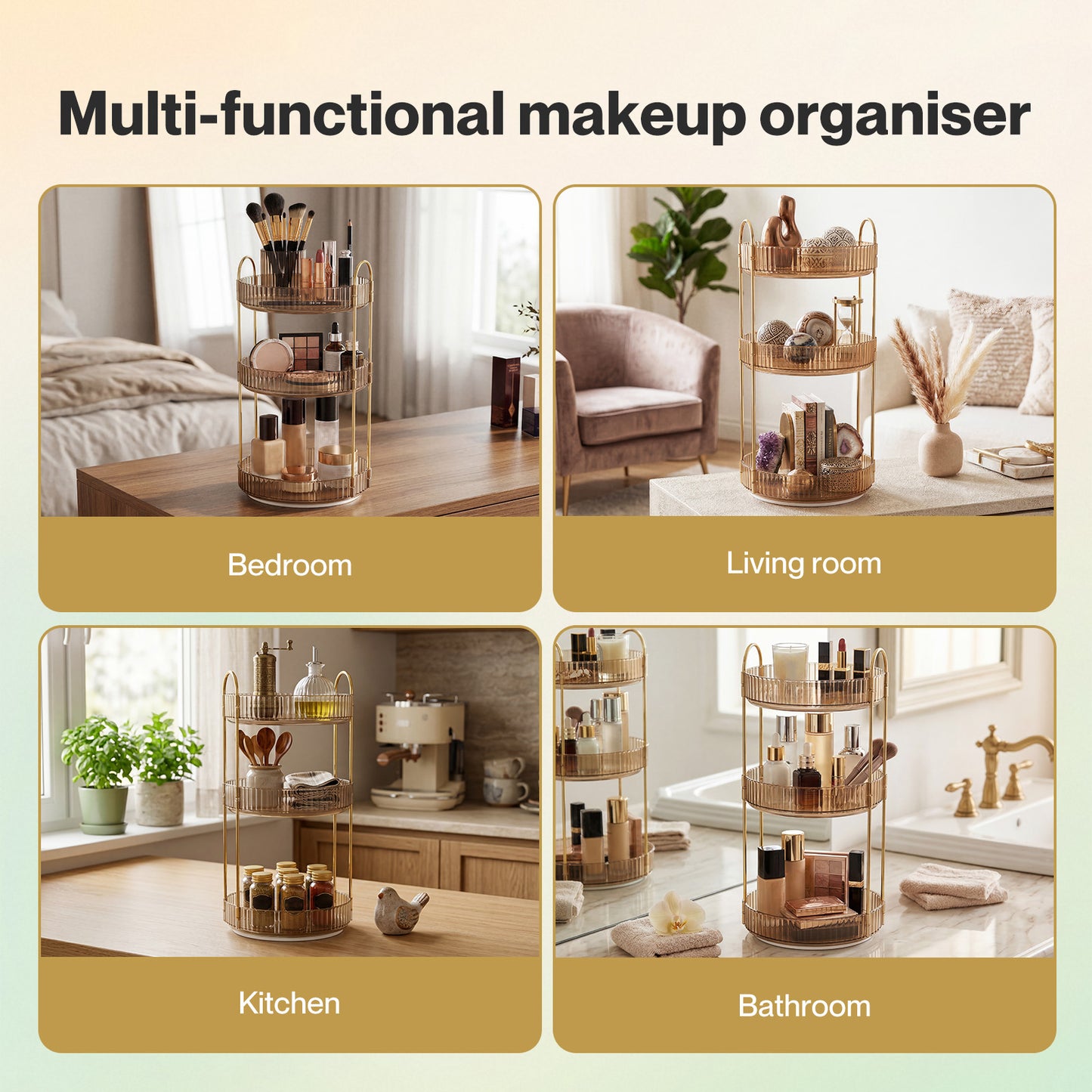 ilus Makeup Organiser 360 Rotating Spinning 3 Tiers Cosmetic Organizer Gold