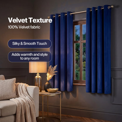Marlow Thick Thermal Blackout Curtains Velvet 46x54 Inch Eyelet Ring Top Blue