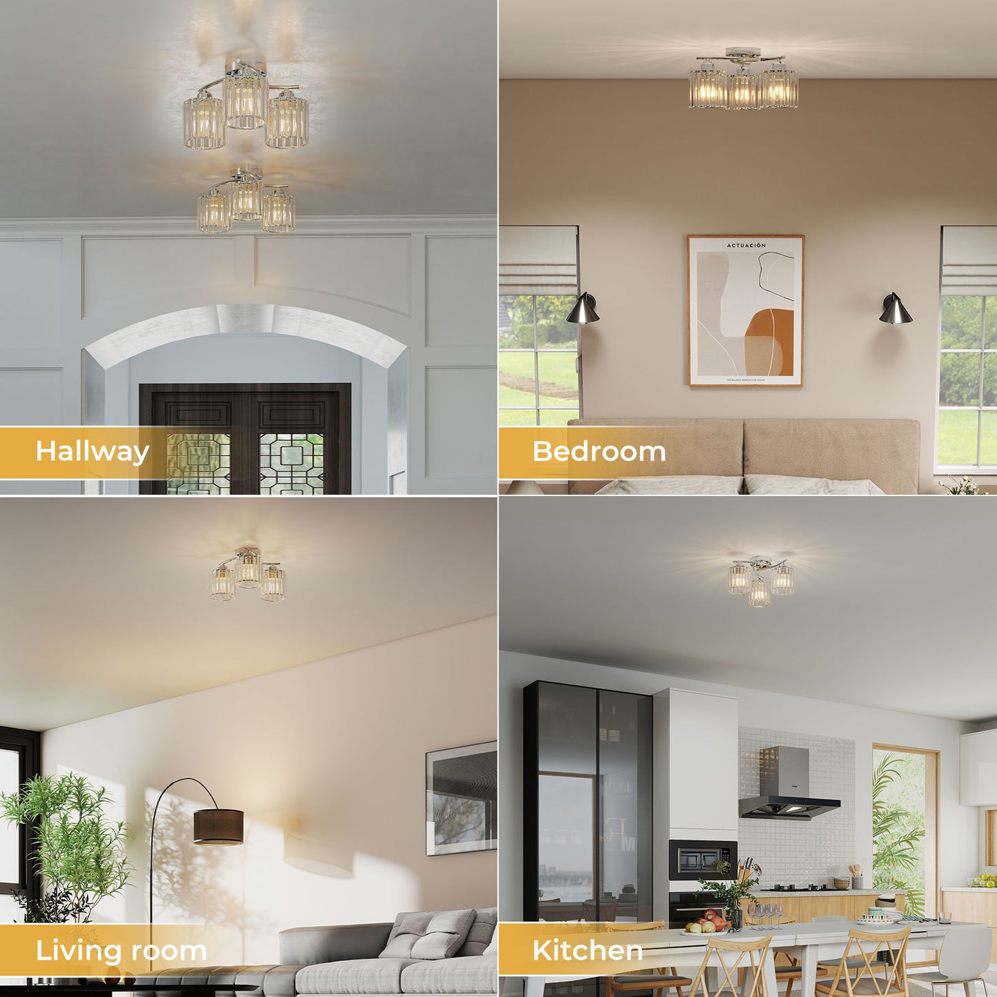 Emitto Crystal Ceiling Light 3 Light Semi Flush Mount Lamp E27 Chandelier Chrome