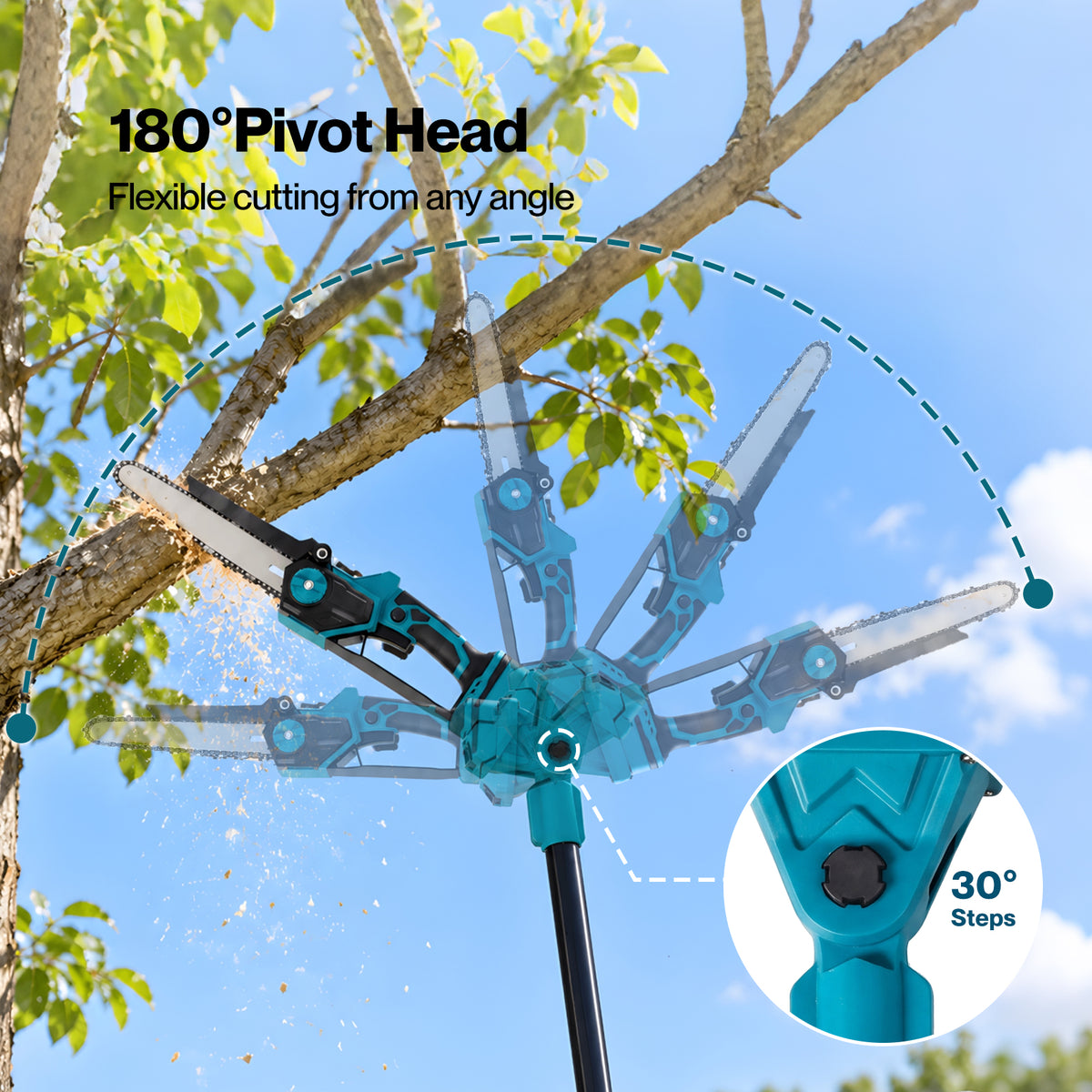 Traderight Mini Chainsaw Pole Saw Brushless 700W 2.49m Adjustable Head Blue