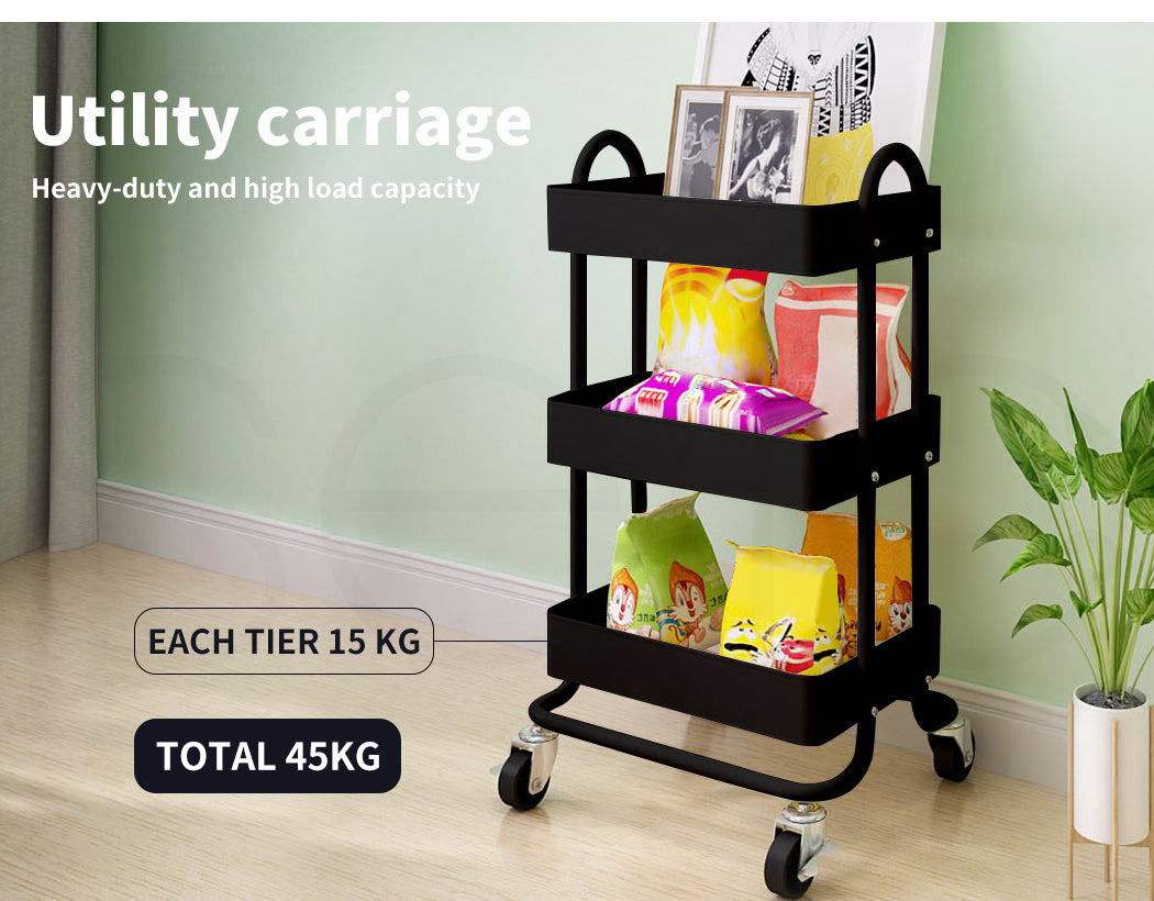 Levede 3 Tiers Kitchen Trolley Cart Steel Storage Rack Shelf Organiser Black