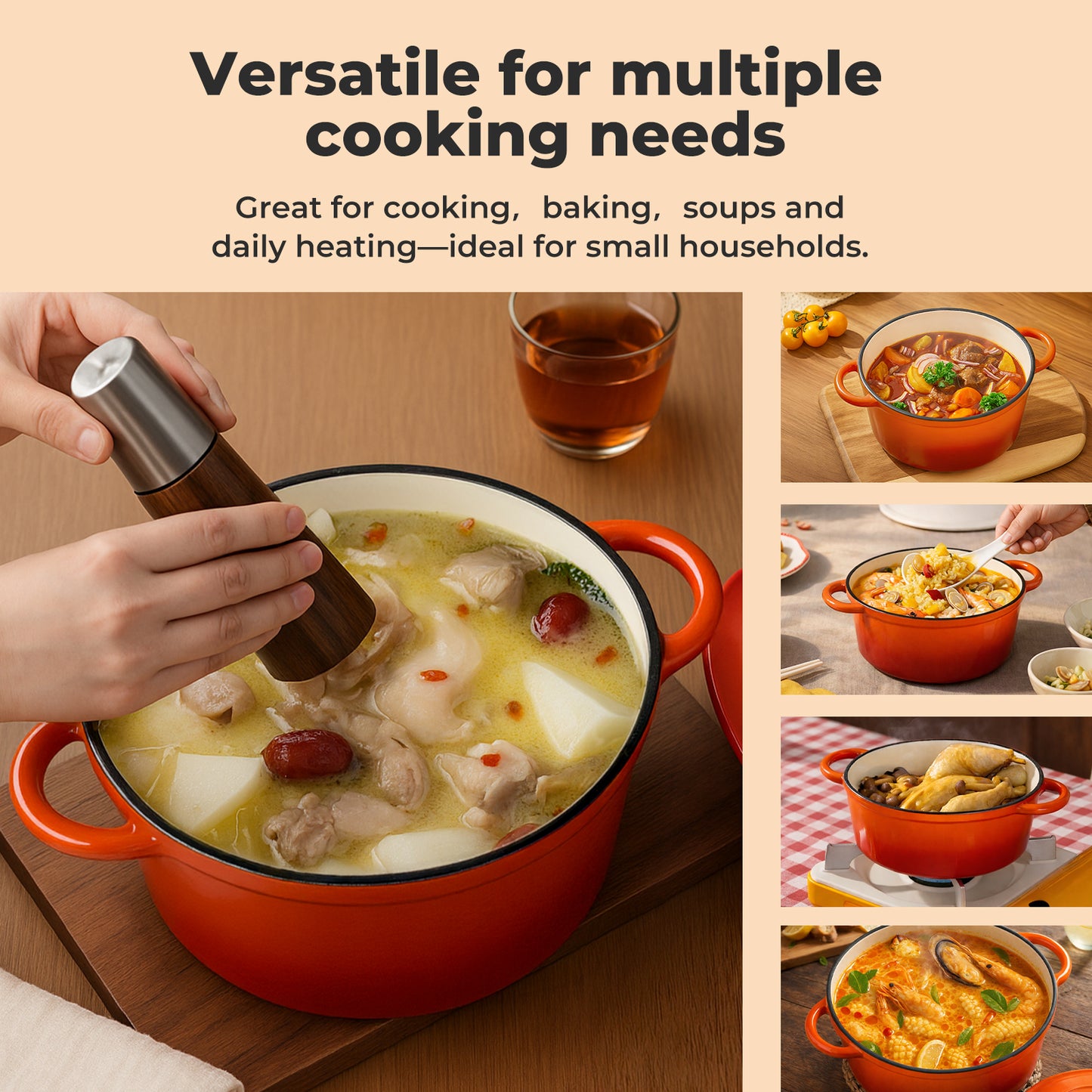 Toque Cast Iron Enameled Dutch Oven Pot Casserole Dish with Lid Non-Stick Orange