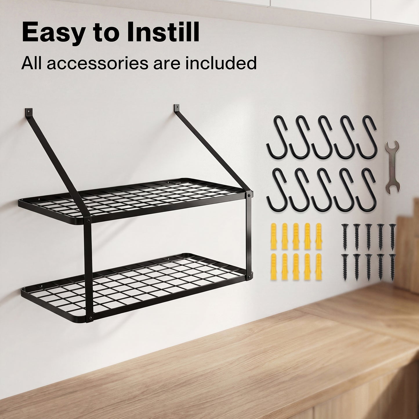 TOQUE Pot Pan Rack Wall Mounted Kitchen Shelf 2 Tier Storage Rack Metal 10 Hooks