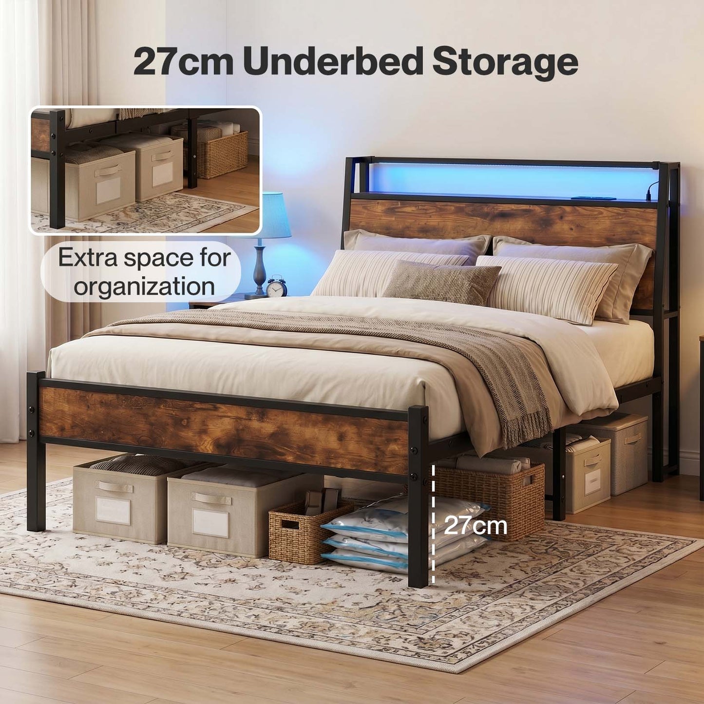 Levede Single Bed Frame Platform Storage Headboard Charging Station LED Lights