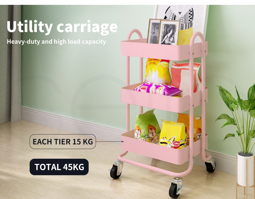 Levede 3 Tiers Kitchen Trolley Cart Steel Storage Rack Shelf Organiser Pink