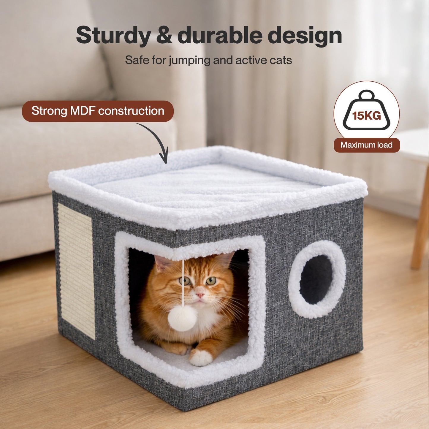 Skylos Cat House Indoor Cat Cave with Scratch Pad Fluffy Ball Pet Bed Foldable