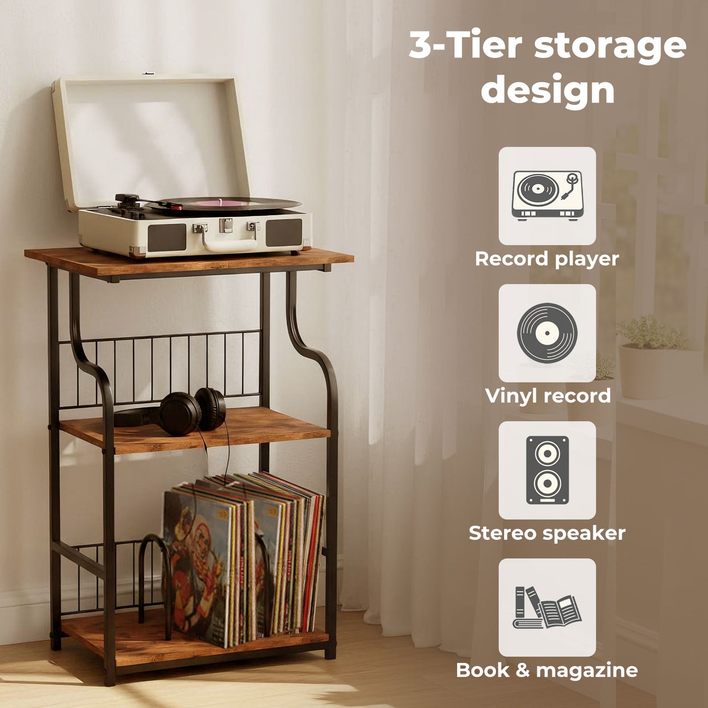 Levede 3 Tier Record Player Stand Turntable Vinyl End Side Table 2 Storage Shelf