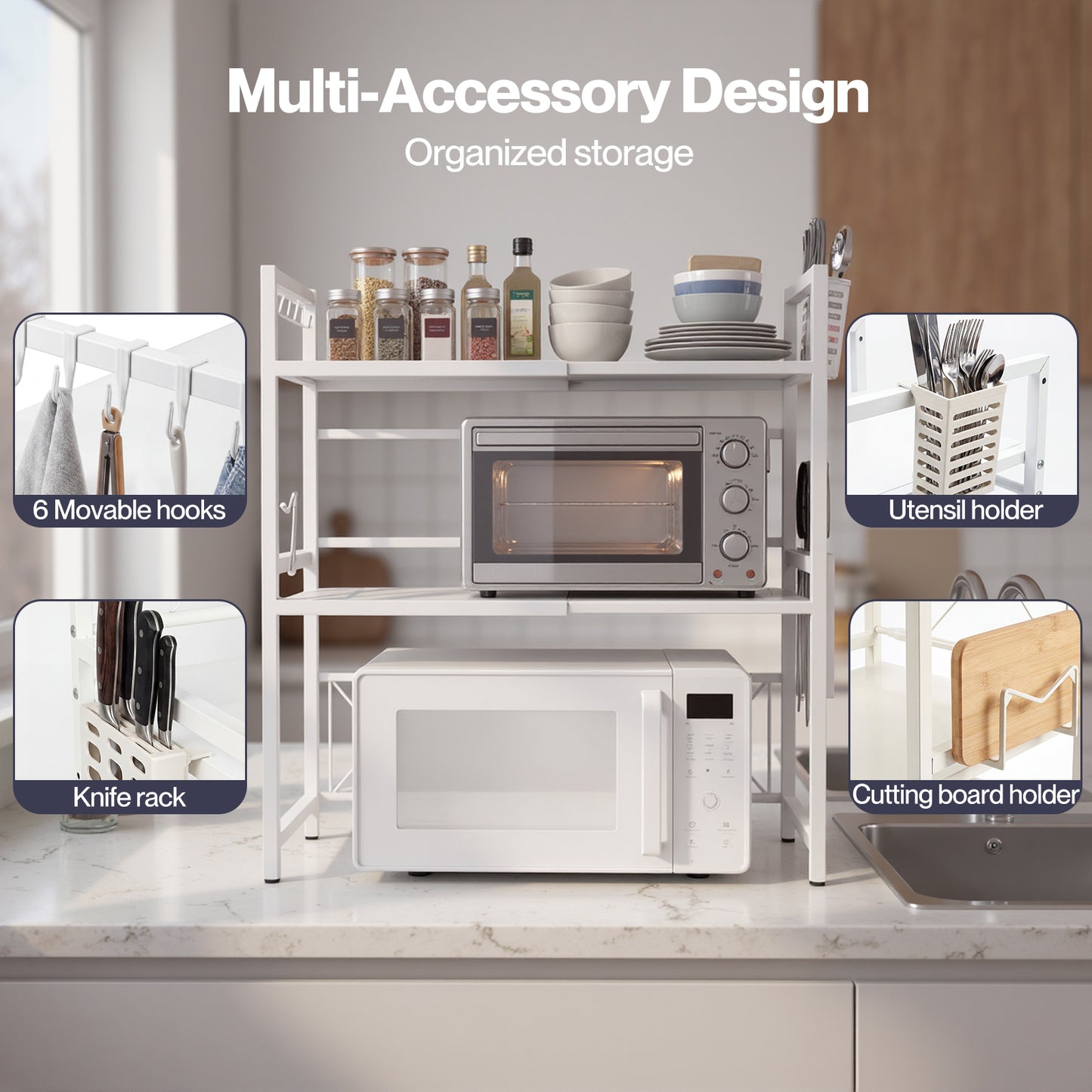 TOQUE 3 Tier Expandable Microwave Oven Rack Stand Kitchen Storage Shelf White