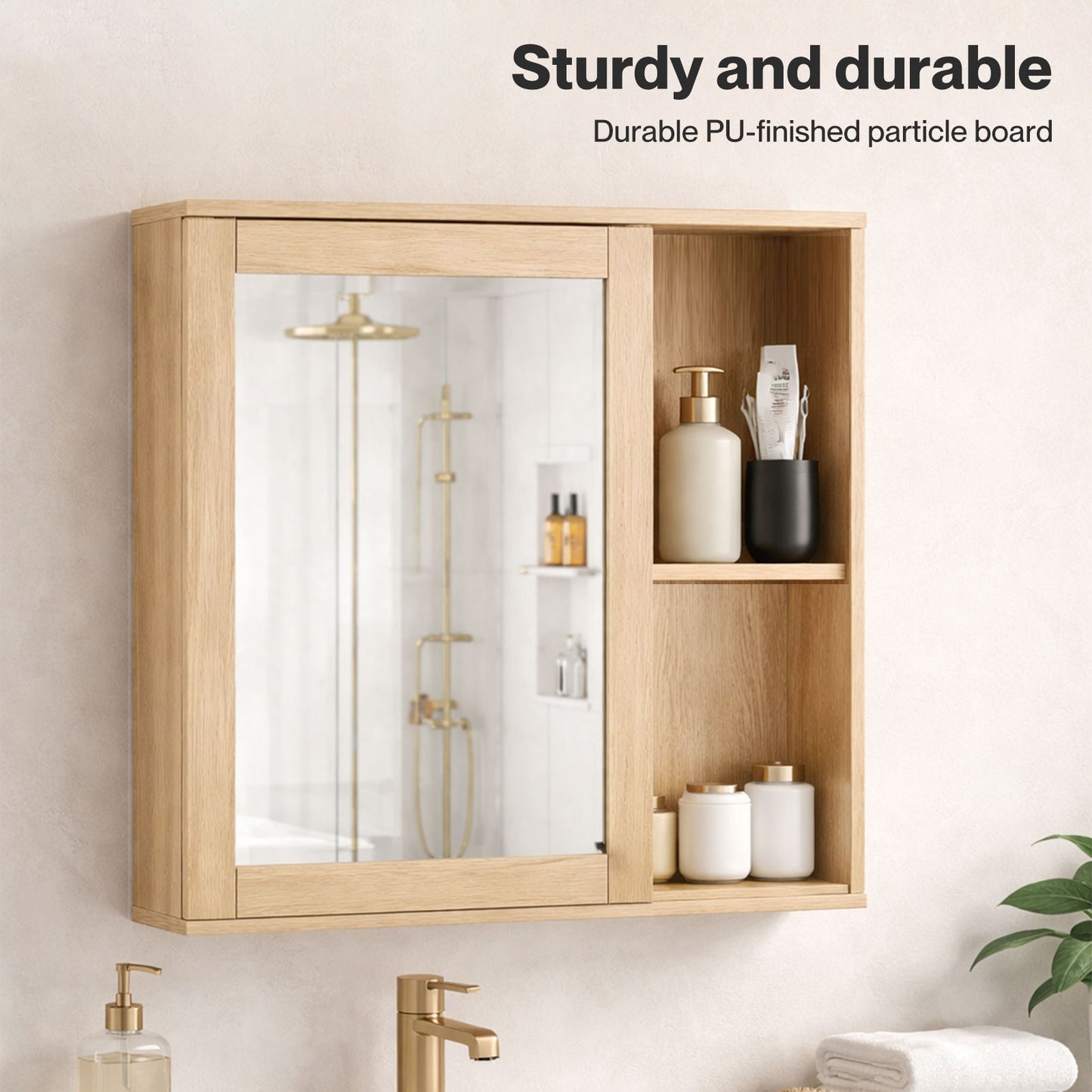 Levede Bathroom Mirror Cabinet Wall Mounted Cupboard with Storage Shelf Oak 56cm