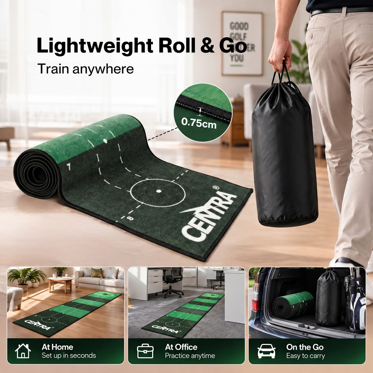 Centra Golf Putting Mat 3m Indoor Practice Non Slip Backing for Office Green