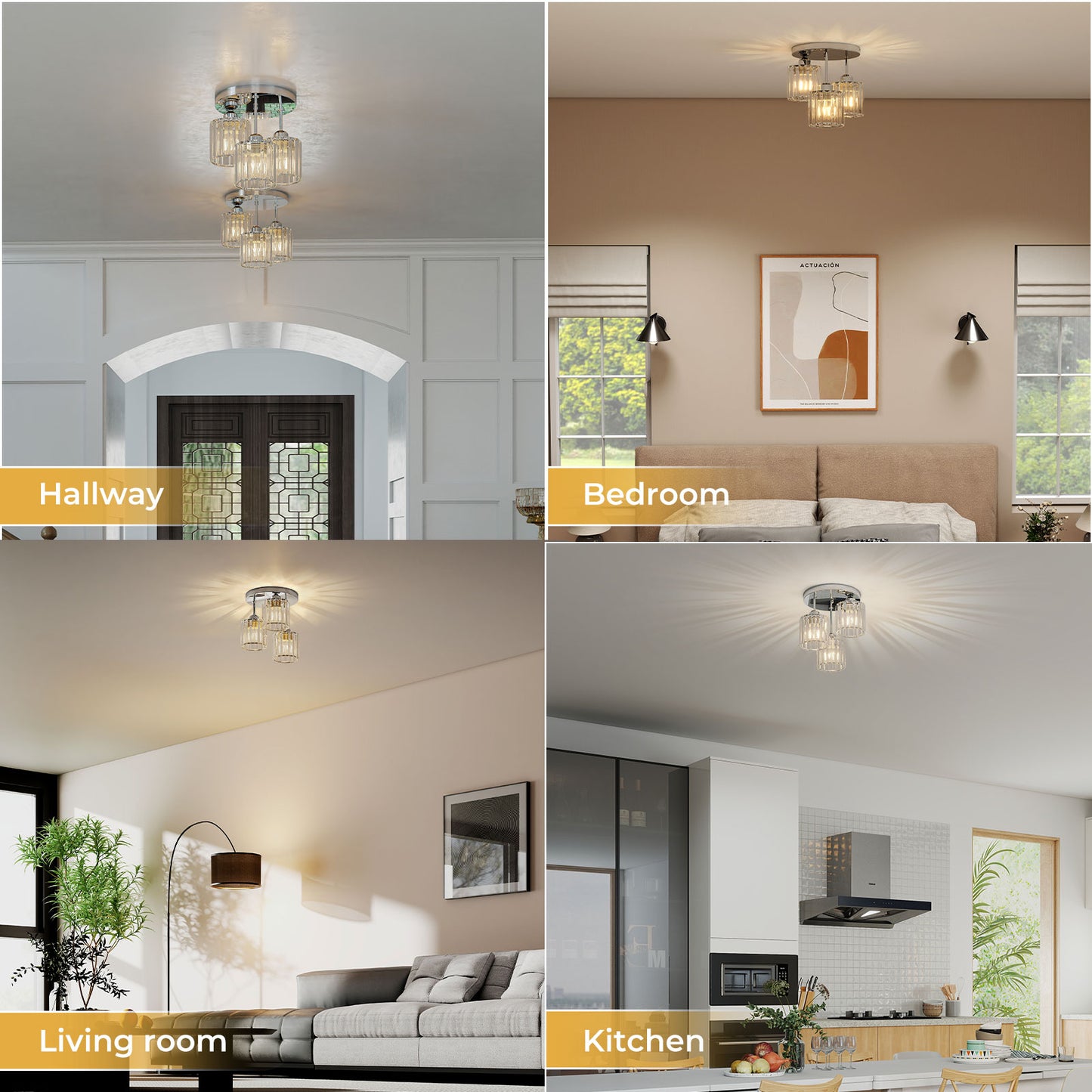 Emitto Crystal Ceiling Light 3 Light E27 Chandelier Semi Flush Mount Lamp Chrome