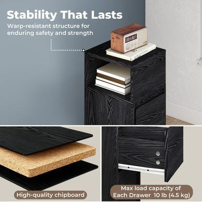 Levede Slim Bedside Table Storage Nightstand with 2 Drawers & Open Shelf Black