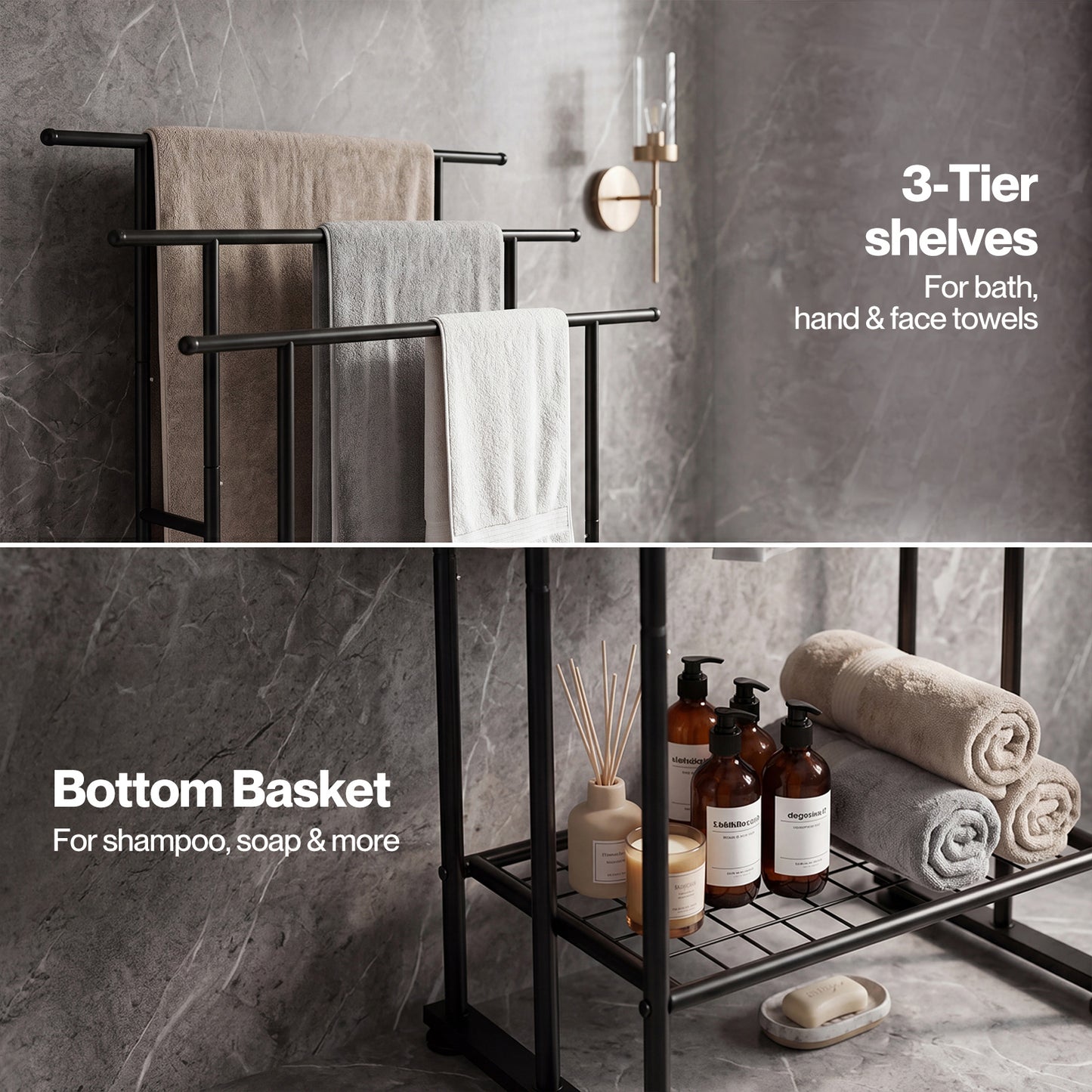 Levede Towel Rail Metal Rack With Basket 3-Tier Storage Anti-Slip Foot Black