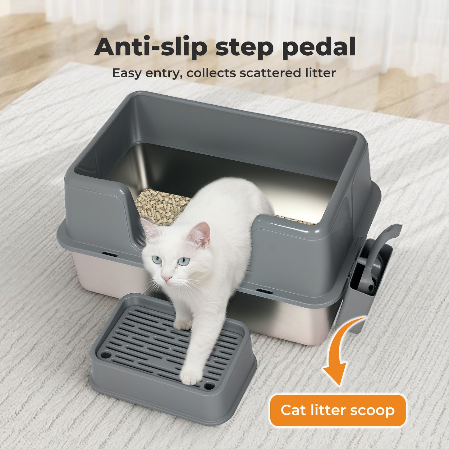 Skylos Stainless Steel Cat Litter Box High Sided Litter Tray with Scoop Pedal