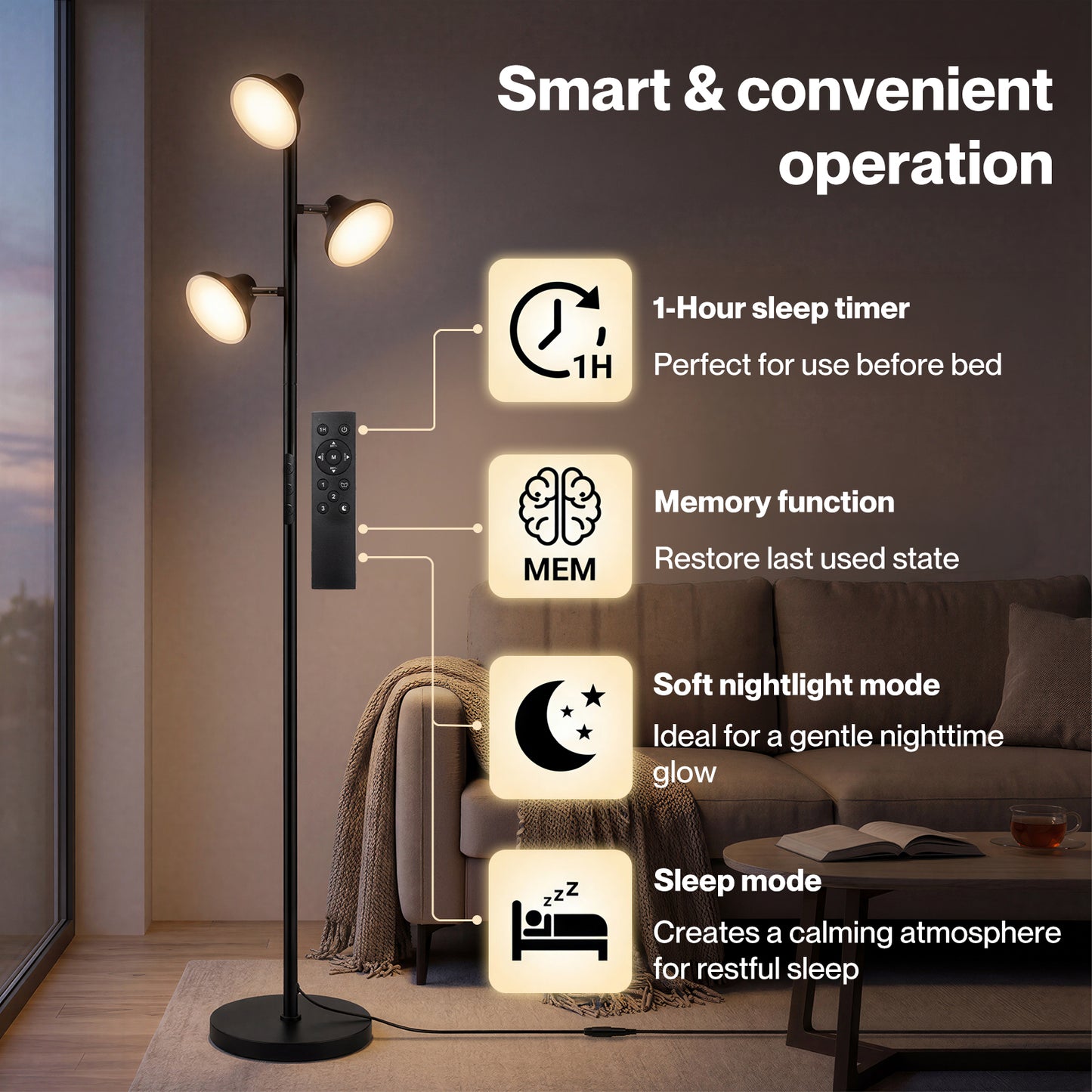 Emitto Floor Lamp  3-Light Dimmable Standing Lamp  Remote Touch  Black