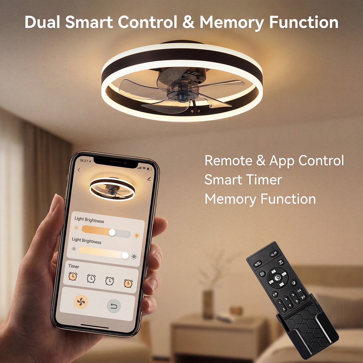 Emitto Ceiling Fan with Lights Remote Modern LED Dimmable Quiet 6 Speeds Black