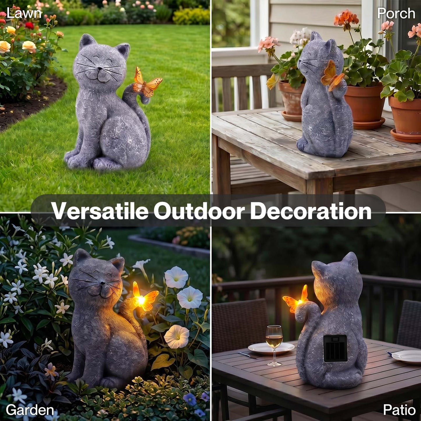 Emitto Cat Garden Ornaments Outdoor Resin Gray Orange Solar LED Decor