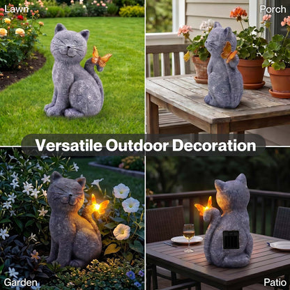 Emitto Cat Garden Ornaments Outdoor Resin Gray Orange Solar LED Decor
