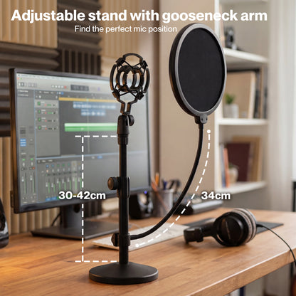 Levede Desktop Microphone Stand Adjustable Mic Clip Desk Pop Filter Shock Mount
