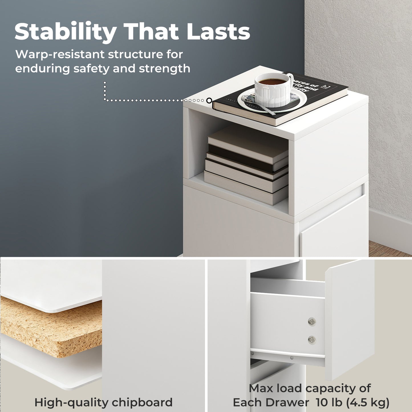 Levede Slim Bedside Table Storage Nightstand with 2 Drawers & Open Shelf White