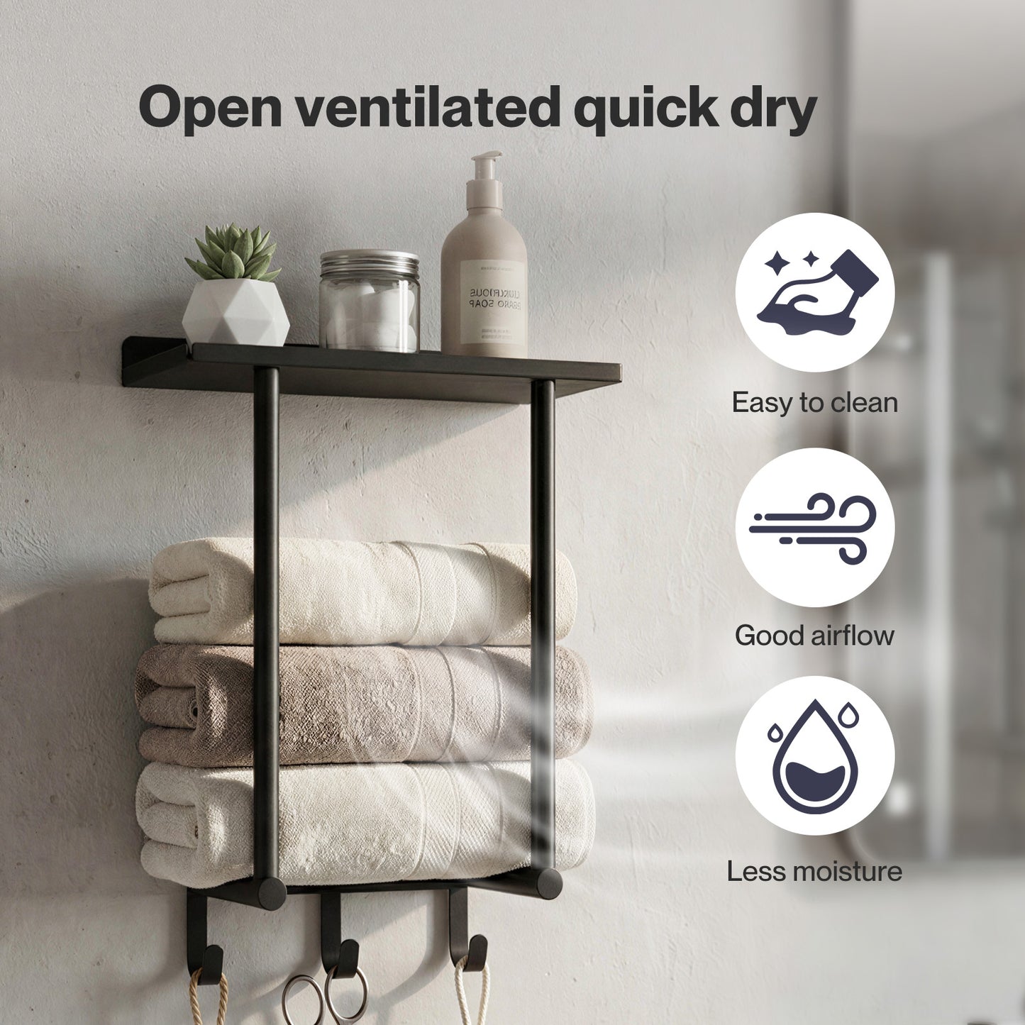 Levede Towel Rack Wall Mounted Shelf Bathroom Storage Holder with Hooks Black