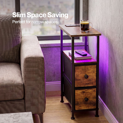 Levede Bedside Table Narrow Side Table with LED Charging Station Storage Brown