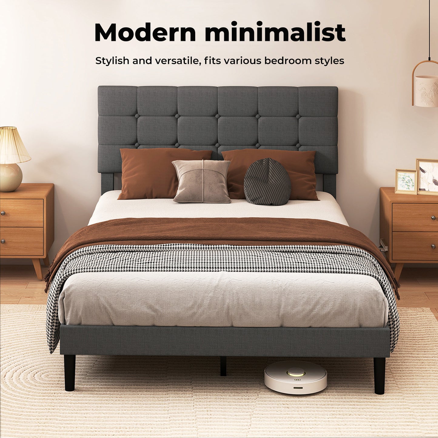 Levede Bed Frame Upholstered Linen Headboard Wooden Slat Double King Size Grey