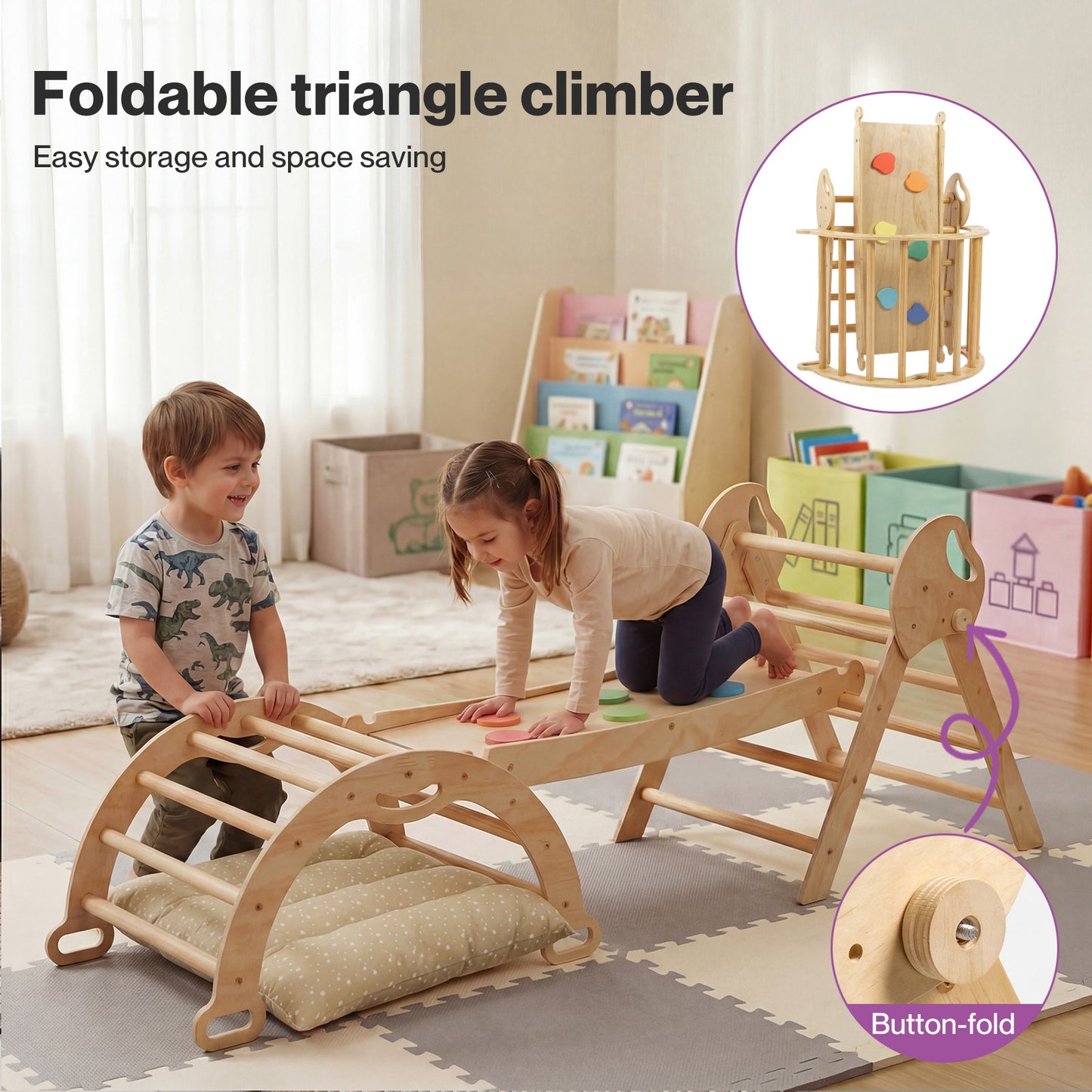 DEKKO 8 in 1 Triangle Climbing Set Kids Wooden Climber with Arch Slide Natural