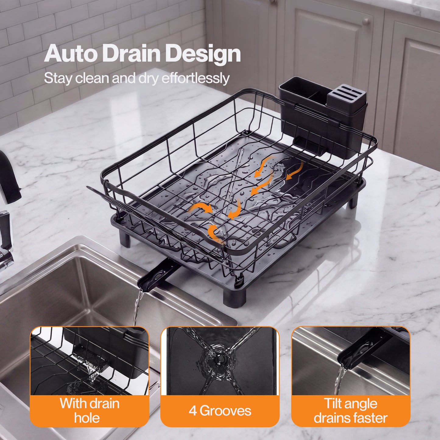 TOQUE 2 Tier Dish Drainer Rack Drip Tray Cutlery Holder Plate Rack Kitchen Sink