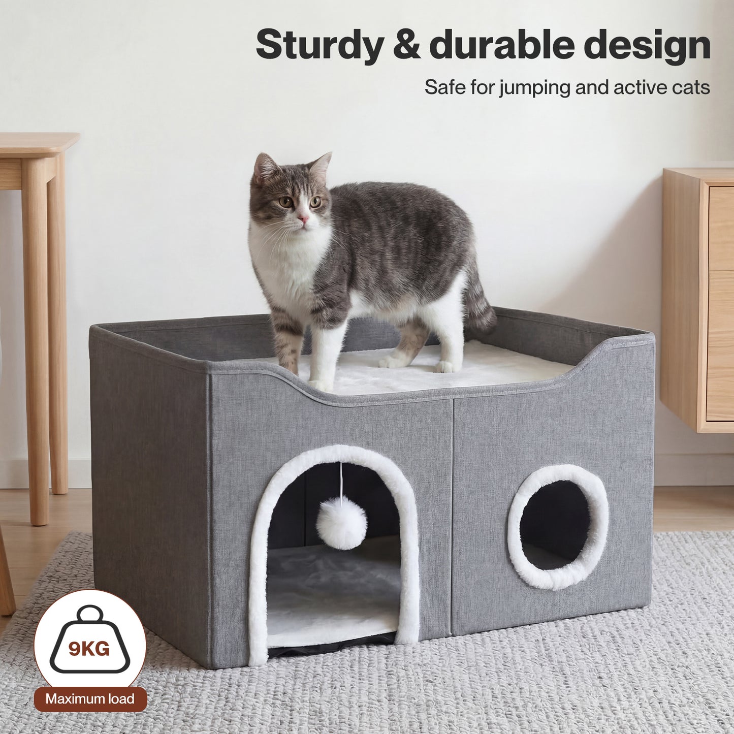 Skylos Cat House 2-Layer Large Soft Cave Cube Fluffy Ball Grey Scratching Board