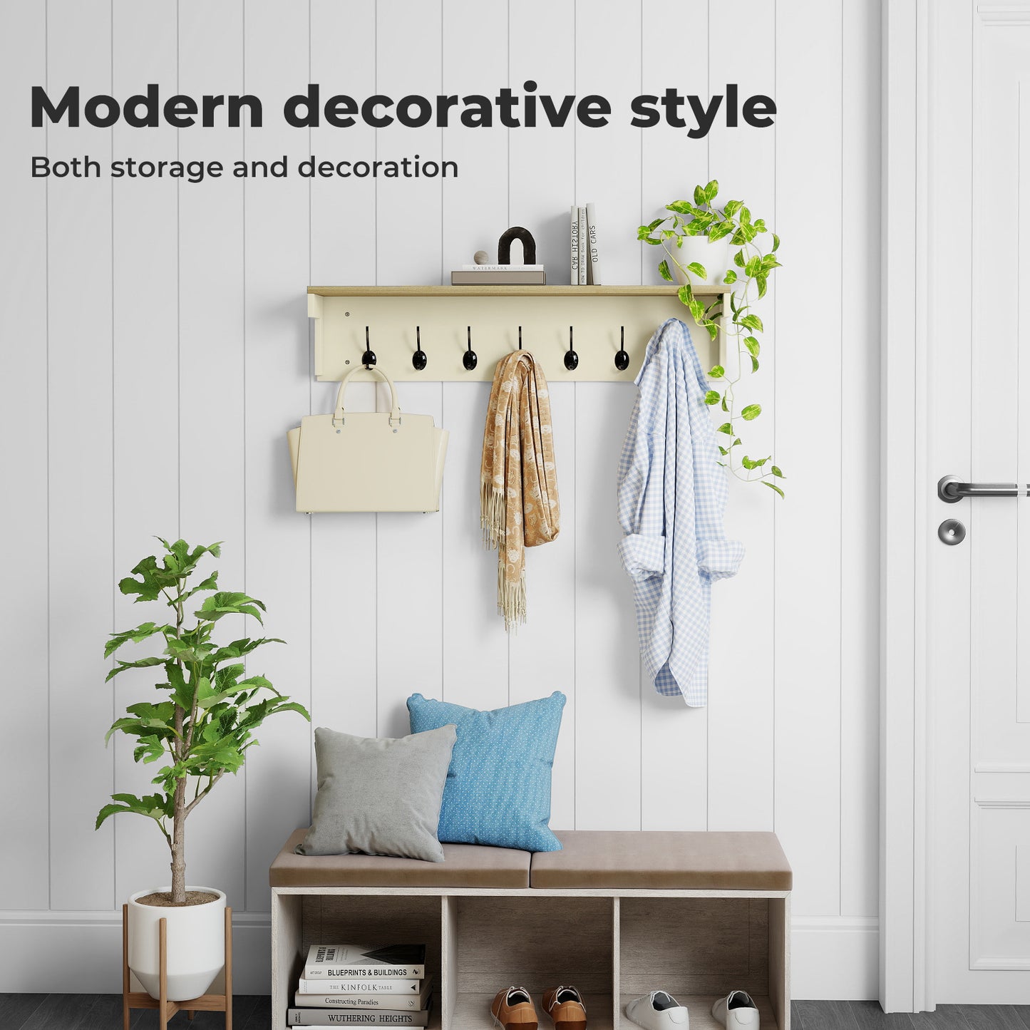 Levede Coat Rack Wall Mounted Shelf 7 Double Hooks Storage Entryway Hallway