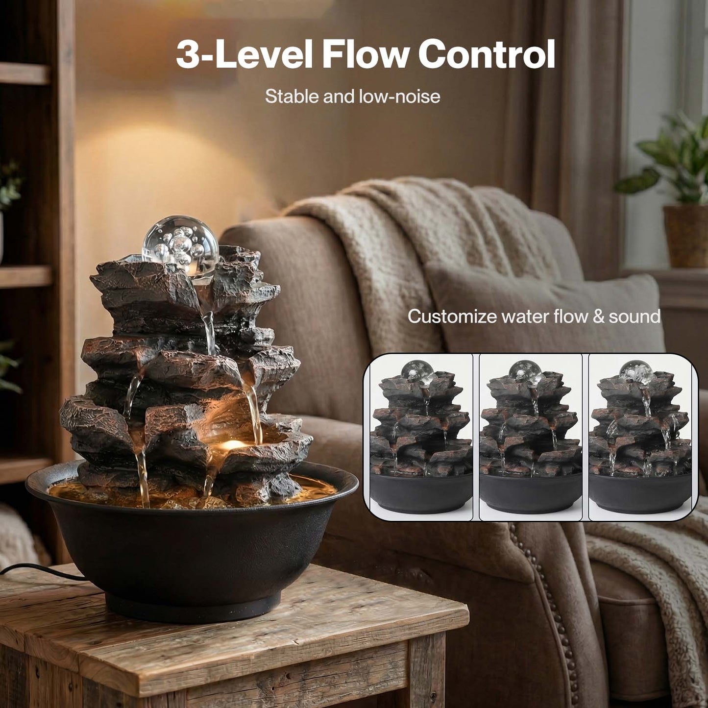 Spector Tabletop Water Fountain Indoor Water Feature LED Glass Ball Resin Brown