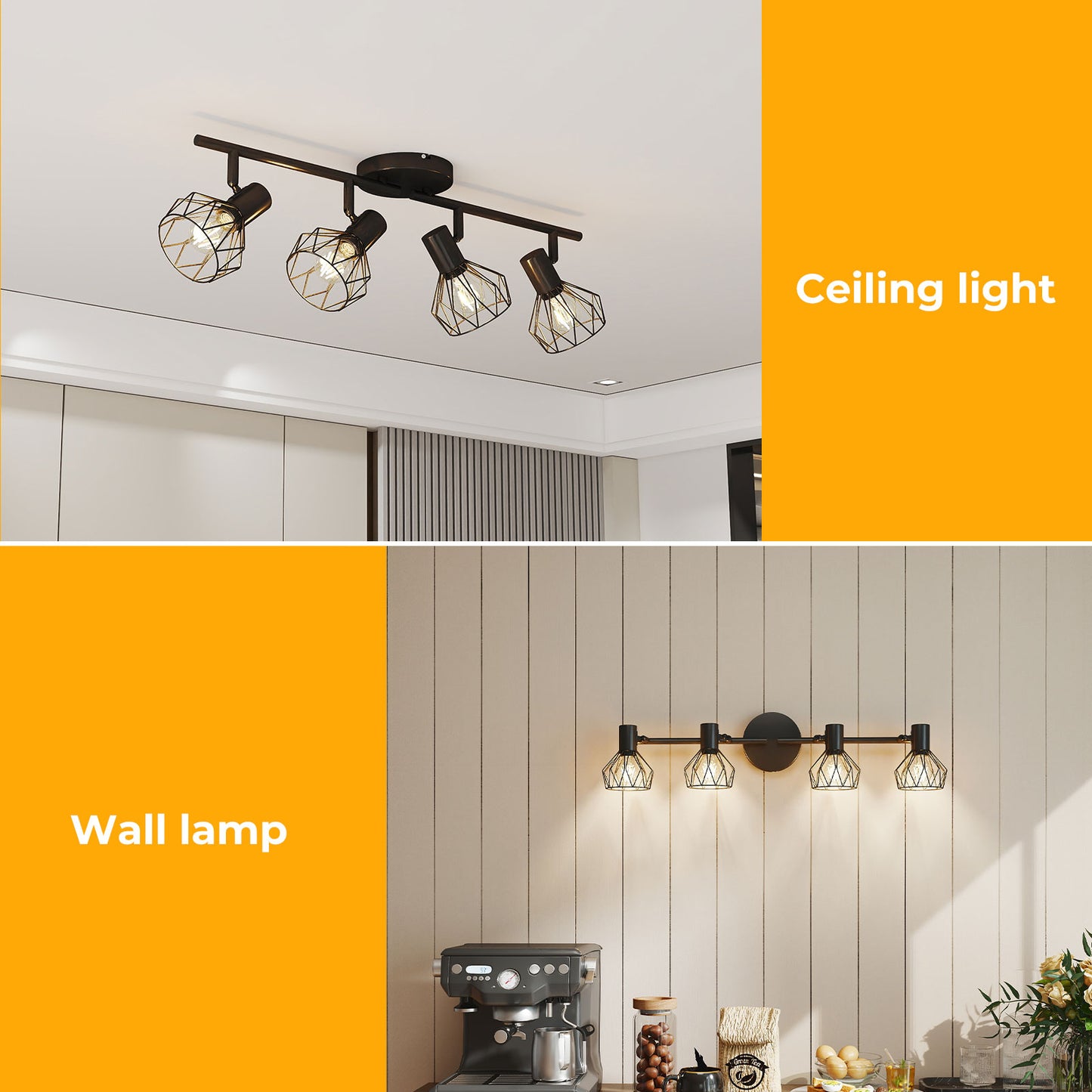 EMITTO LED Spot Ceiling Light 4-Way Adjustable Vintage Black Metal E14 Fixture