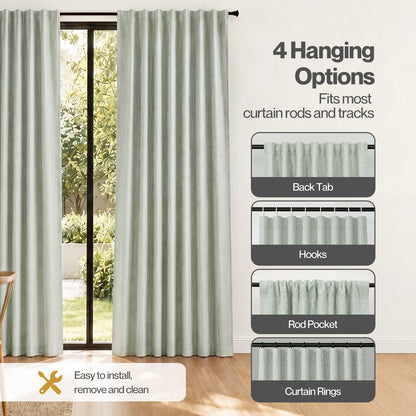 Marlow 100% Blackout Curtains Thermal Linen Look Pair Ready Made 46x72 in Green