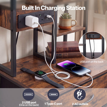 Levede Bedside Table with Charging Station 3 Drawer RGB Light Night Stand Brown