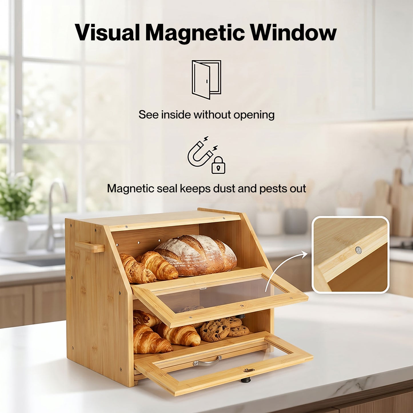 TOQUE 33L Bamboo Bread Bin with Cutting Board Bread Storage Box Natural