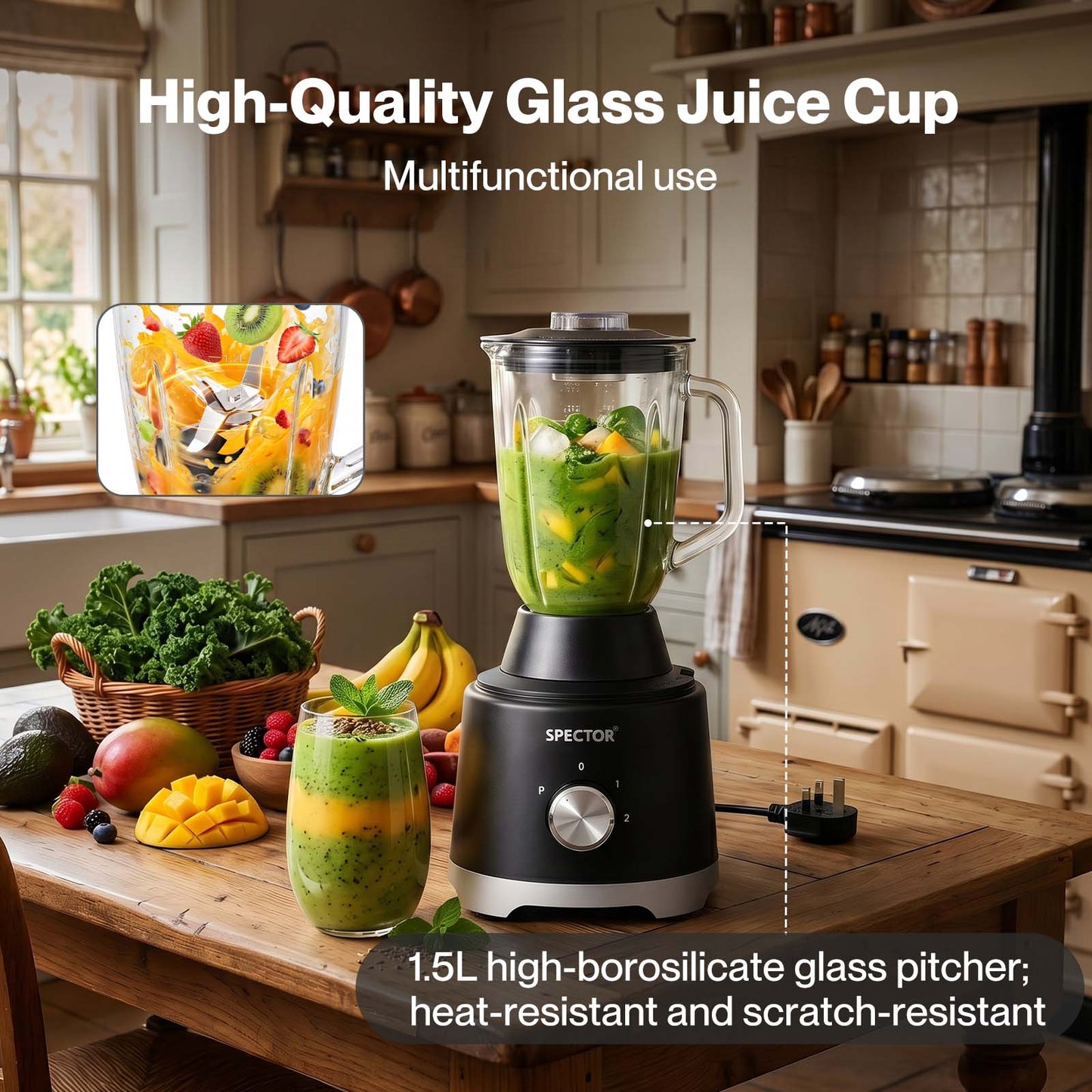 Spector Food Processor 1500W 2-Speed Pulse 2.5L Chopper 1.5L Glass Jug Black