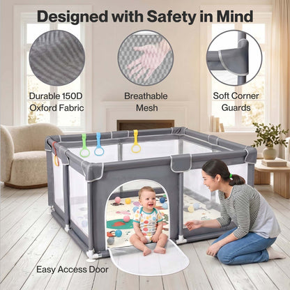Dekko Baby Playpen 150x180cm Play Mat with 50 Ocean Balls 65cm Safe Height Grey