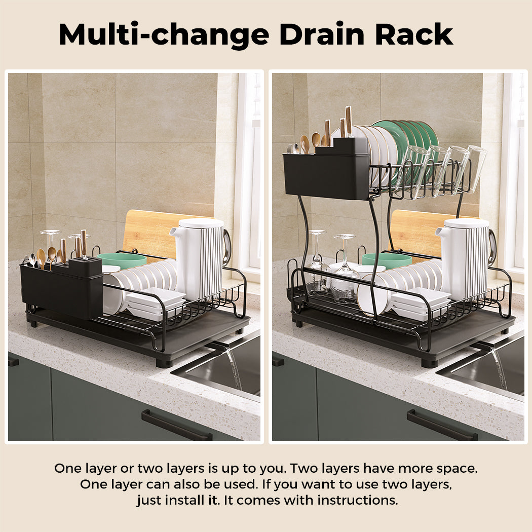 Toque Expandable Dish Drainer Rack 2 Tier Cutlery Plate Holder with Drip Tray